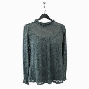 Cable & Gauge Green Long Sleeve Sheer Lace Blouse Ruffle Neck, Size M PTP 18”